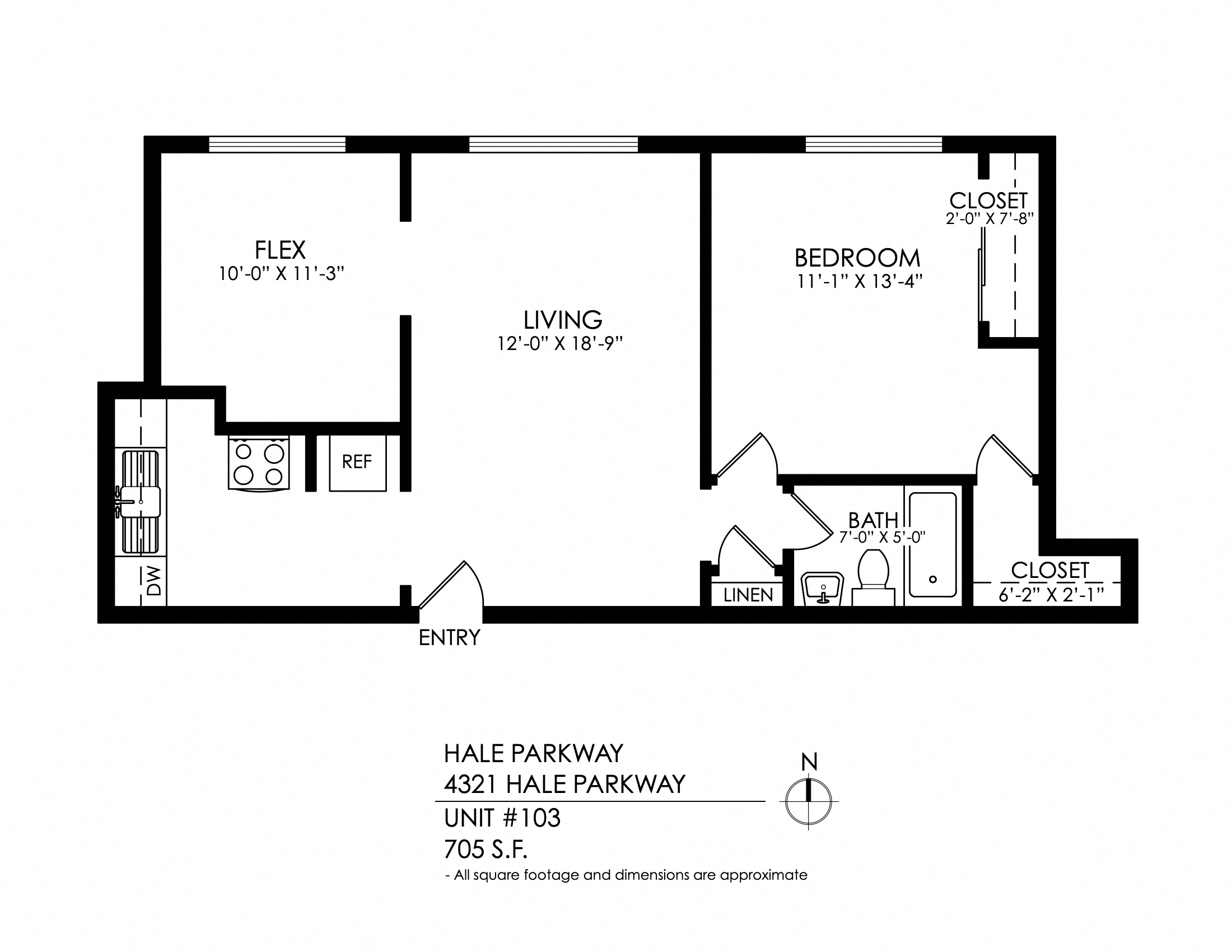 Floor plan for 1 bed, 1 bath, 745 sqft
